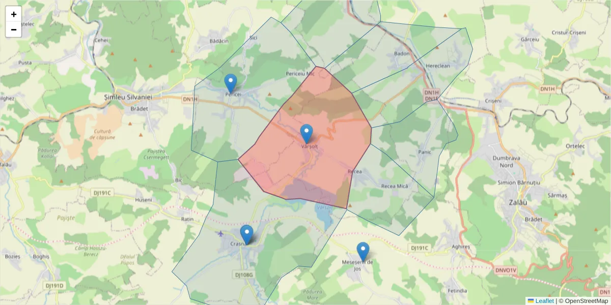 Hartă a codului poștal  și a codurilor poștale învecinate