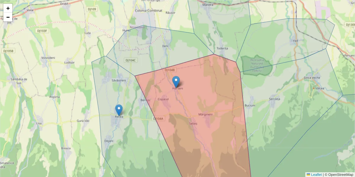 Hartă a codului poștal  și a codurilor poștale învecinate