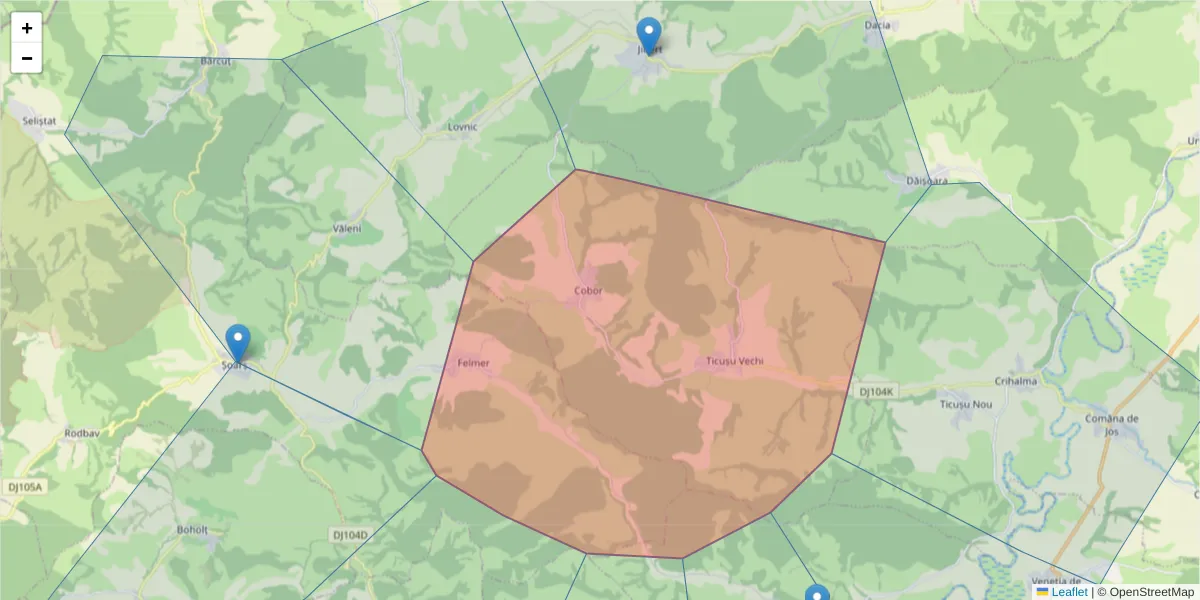 Hartă a codului poștal  și a codurilor poștale învecinate