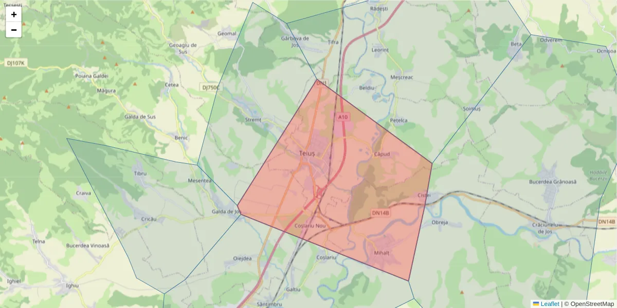 Hartă a codului poștal  și a codurilor poștale învecinate