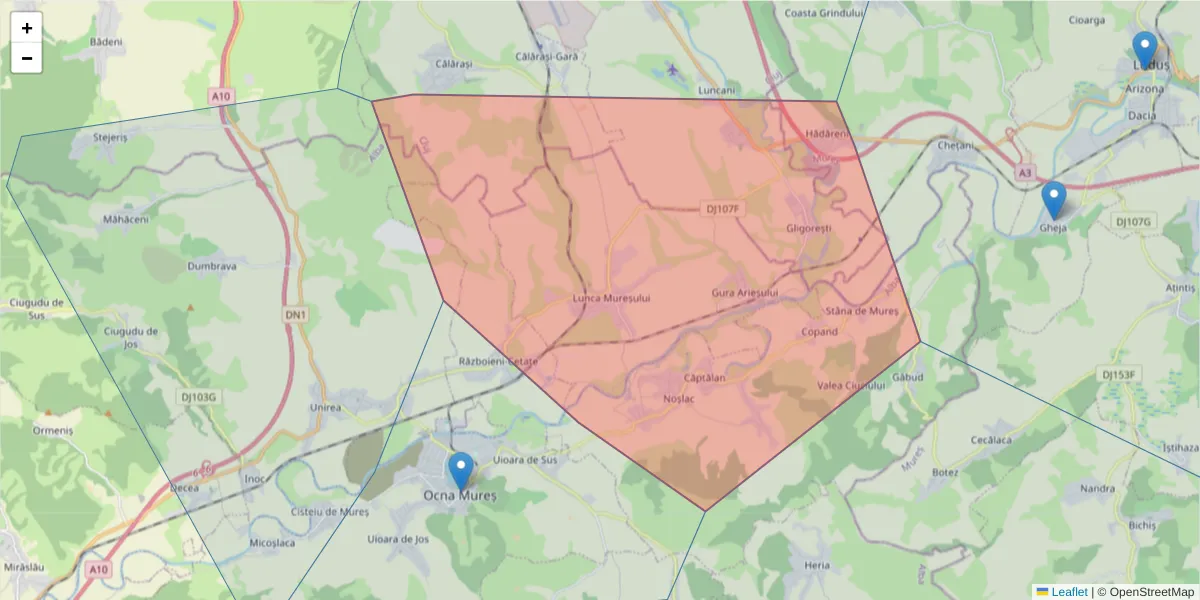 Hartă a codului poștal  și a codurilor poștale învecinate