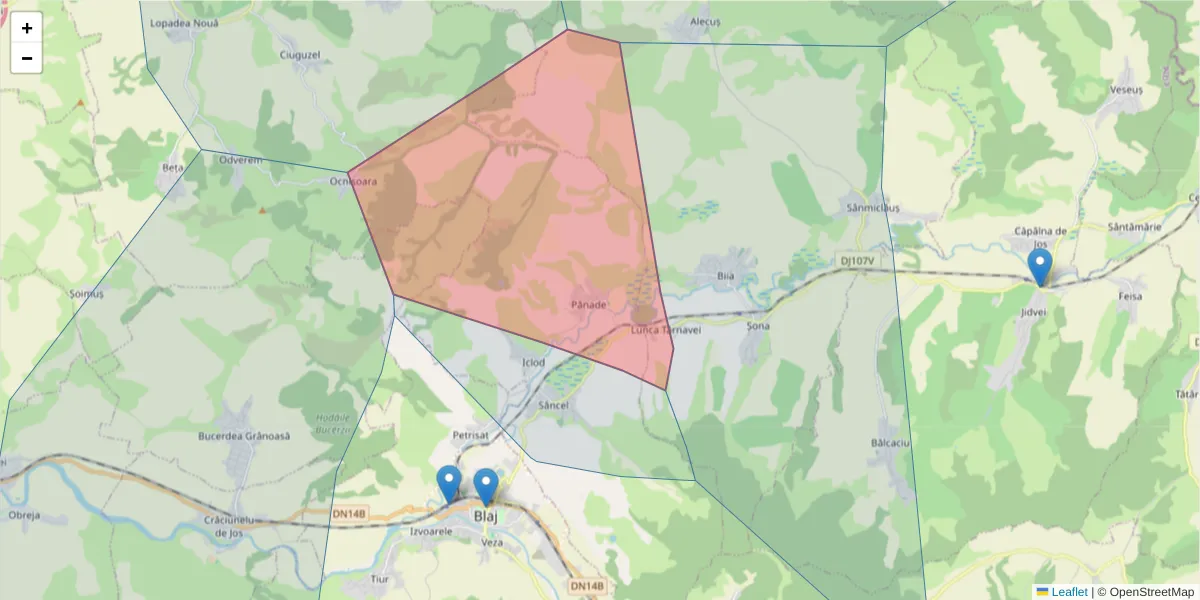 Hartă a codului poștal  și a codurilor poștale învecinate
