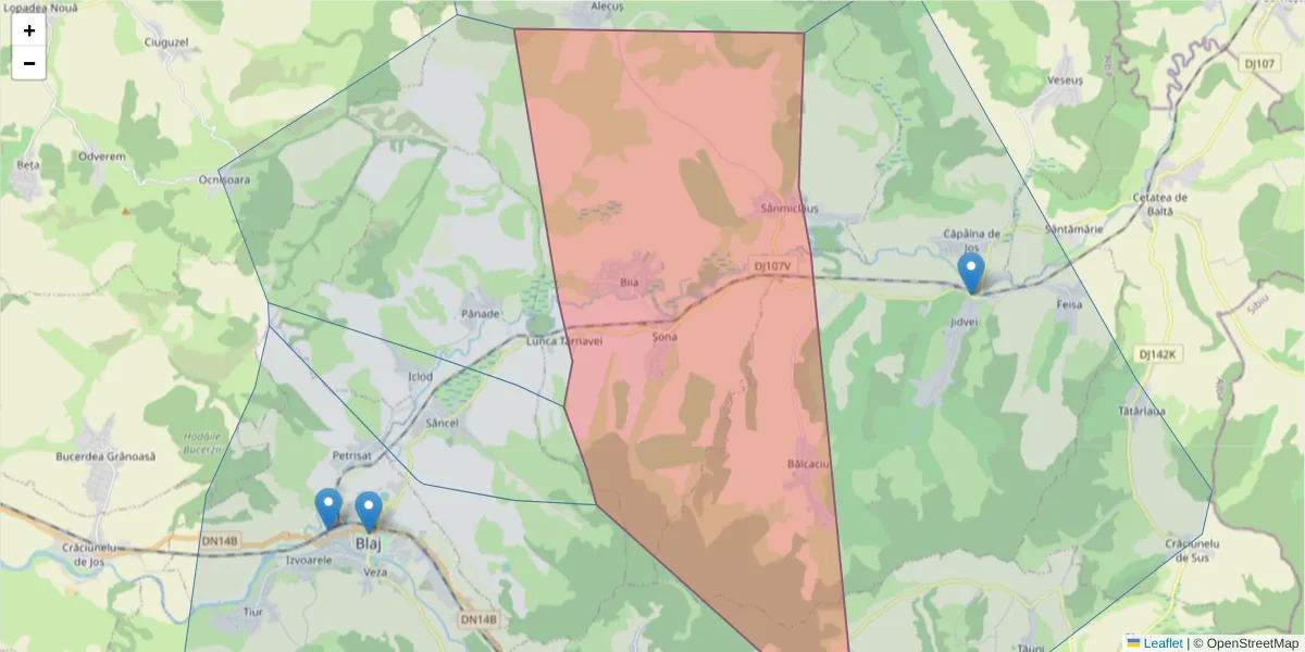 Hartă a codului poștal  și a codurilor poștale învecinate