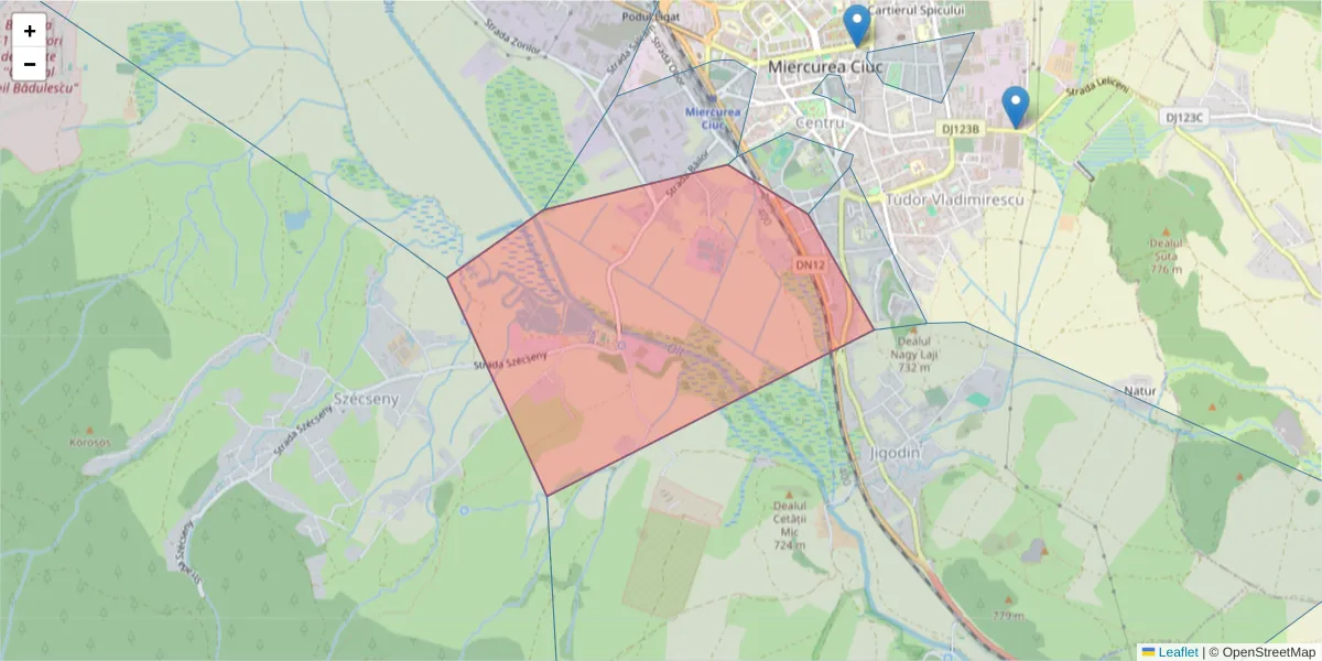 Hartă a codului poștal  și a codurilor poștale învecinate