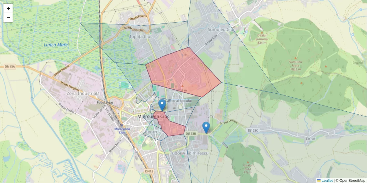 Hartă a codului poștal  și a codurilor poștale învecinate