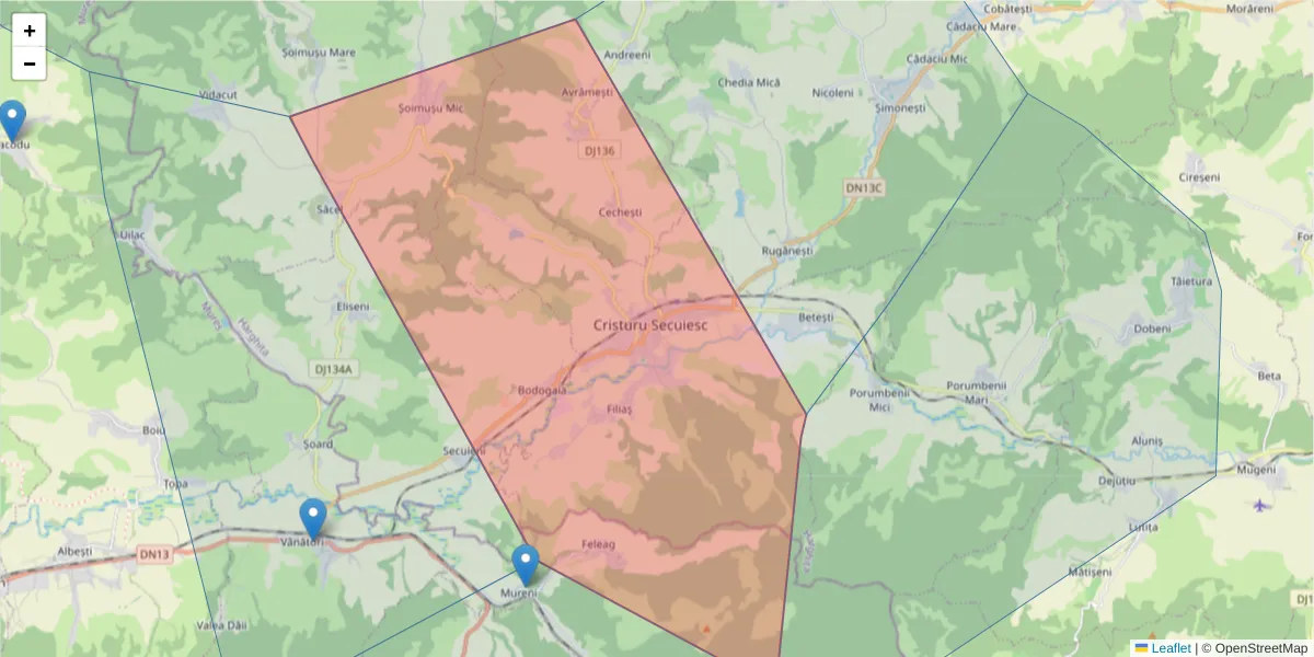 Hartă a codului poștal  și a codurilor poștale învecinate