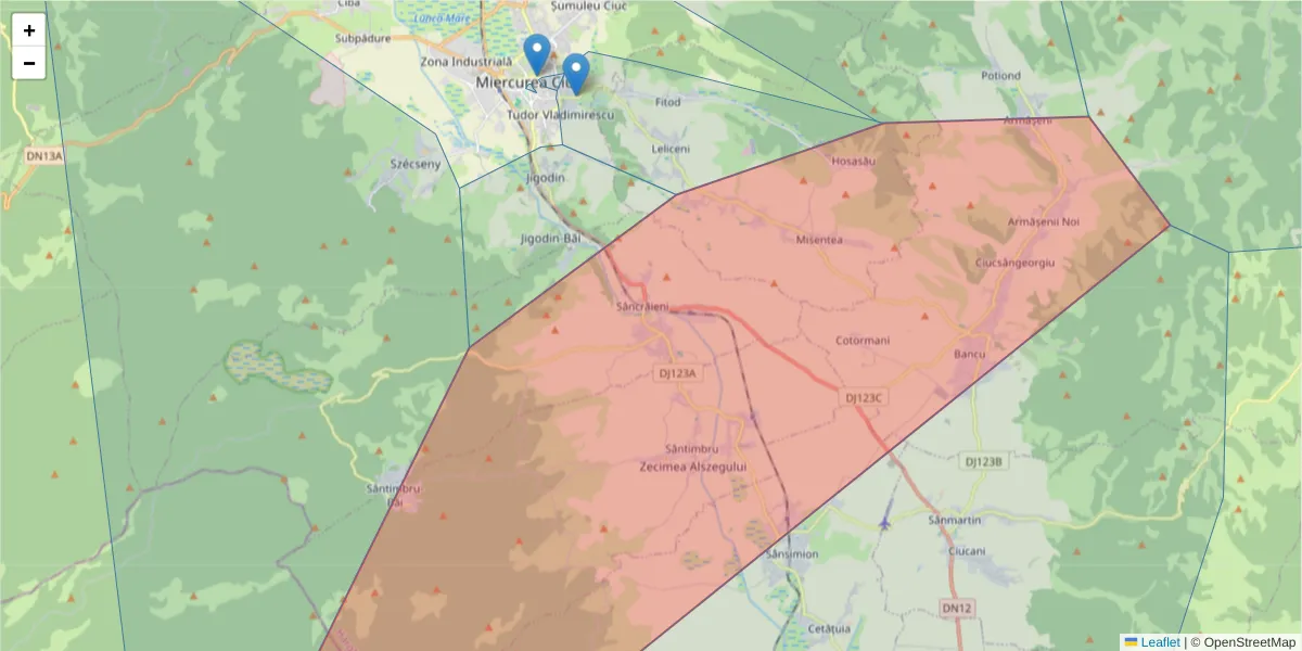 Hartă a codului poștal  și a codurilor poștale învecinate