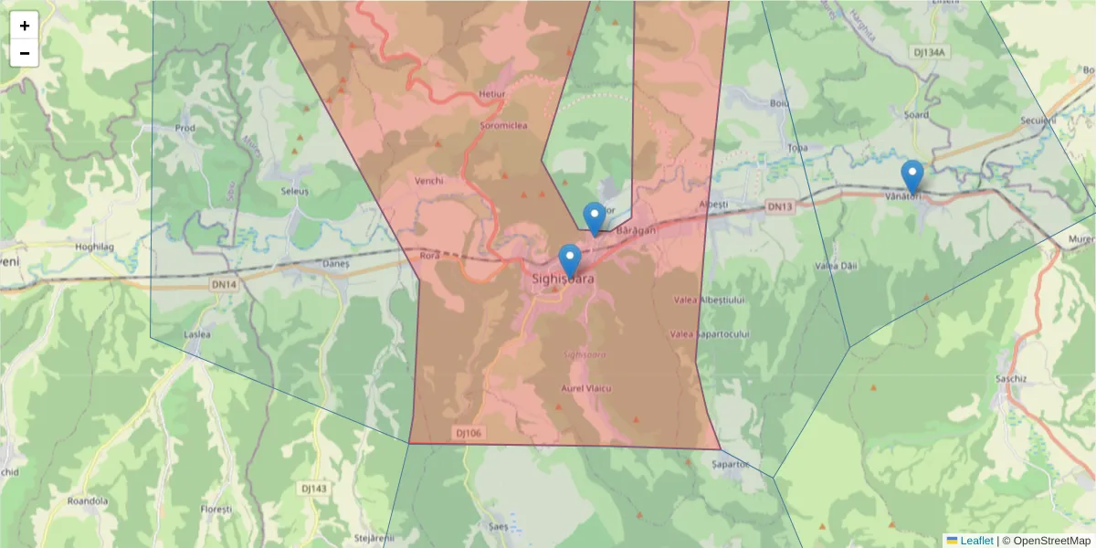 Hartă a codului poștal  și a codurilor poștale învecinate