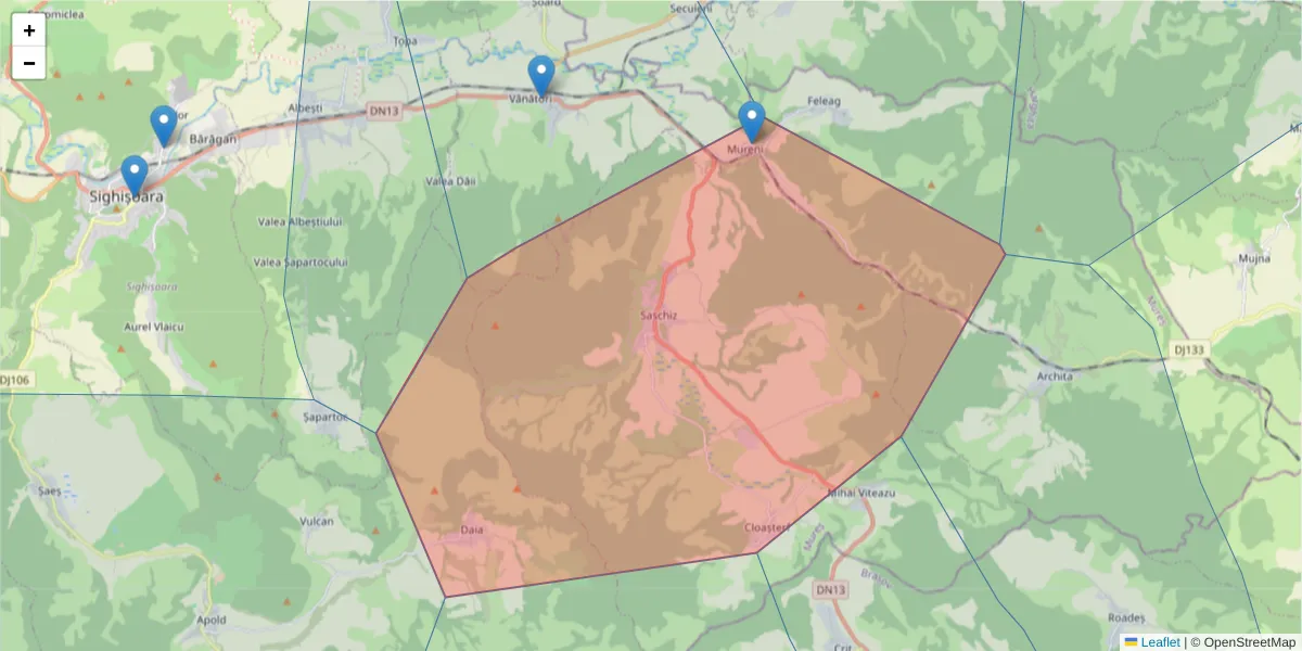 Hartă a codului poștal  și a codurilor poștale învecinate