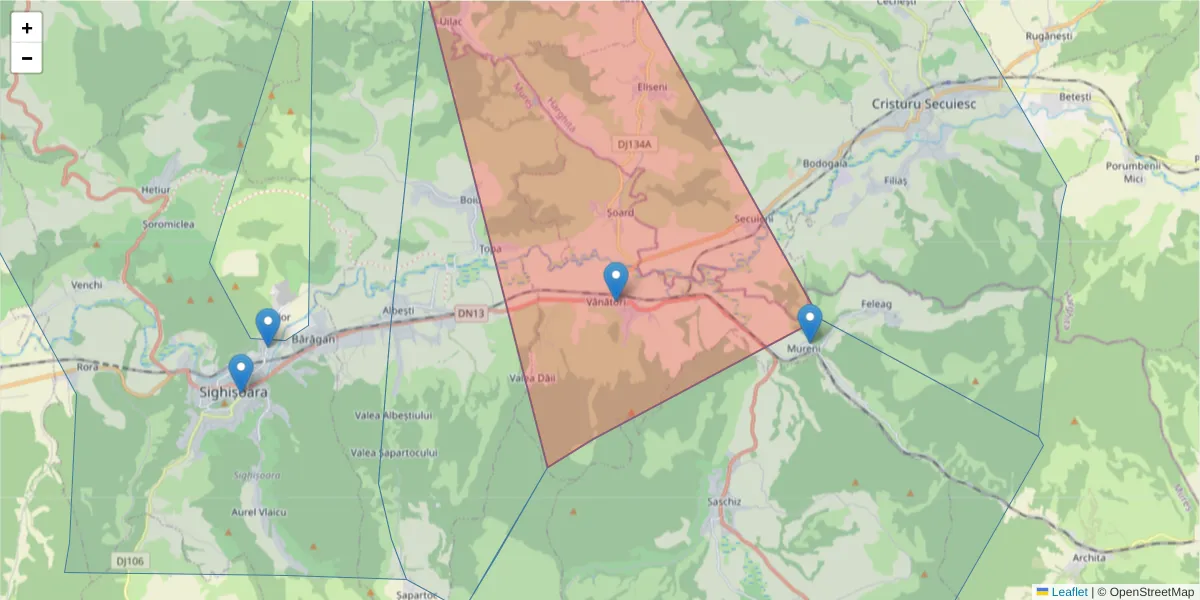 Hartă a codului poștal  și a codurilor poștale învecinate