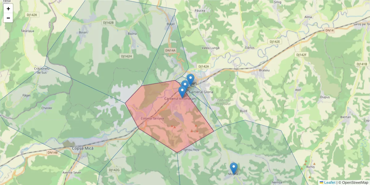 Hartă a codului poștal  și a codurilor poștale învecinate