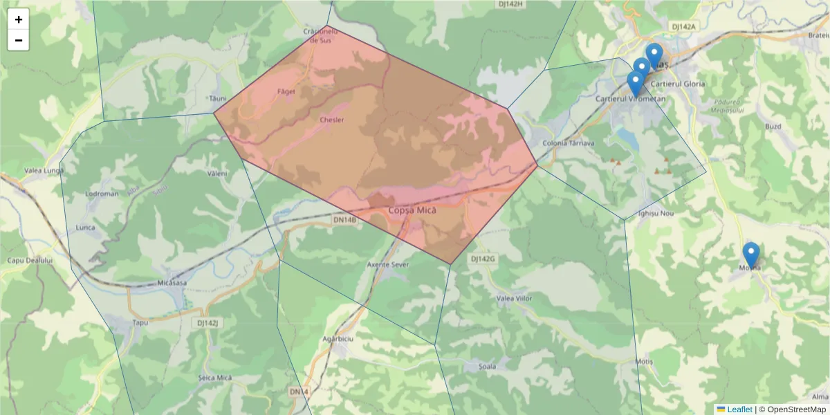 Hartă a codului poștal  și a codurilor poștale învecinate