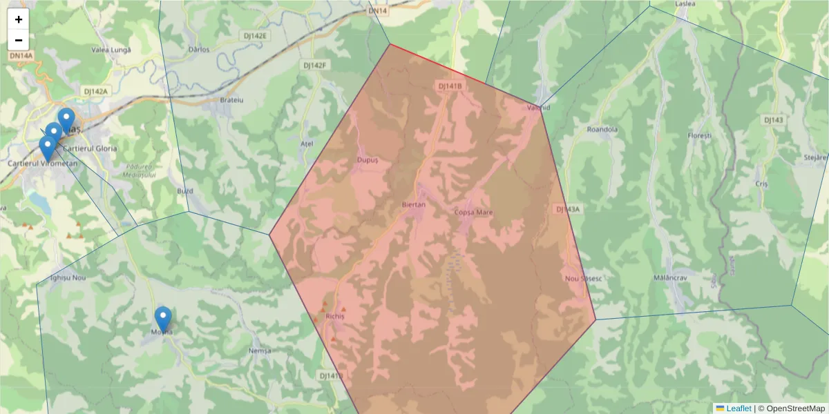 Hartă a codului poștal  și a codurilor poștale învecinate
