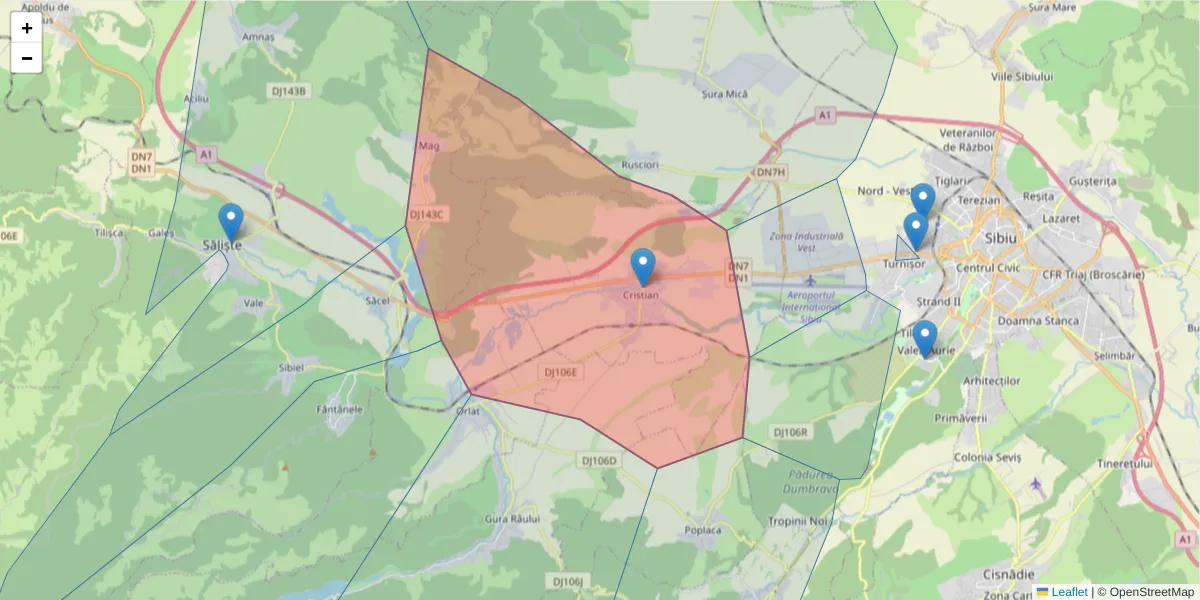Hartă a codului poștal  și a codurilor poștale învecinate