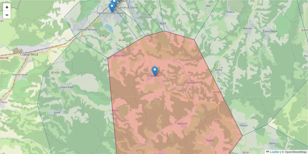 Hartă a codului poștal  și a codurilor poștale învecinate