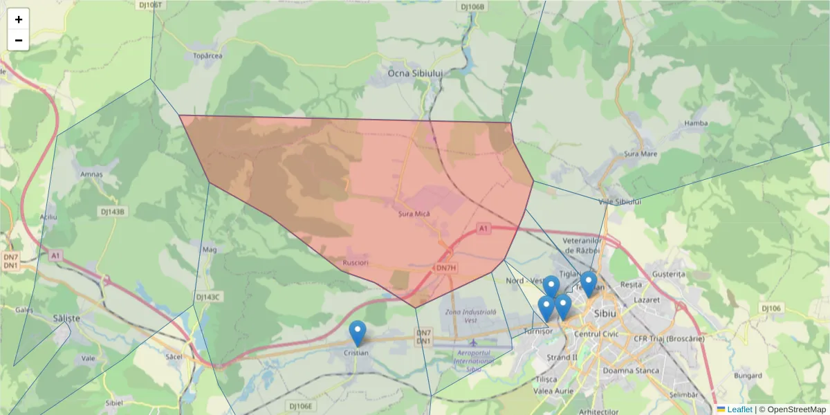 Hartă a codului poștal  și a codurilor poștale învecinate