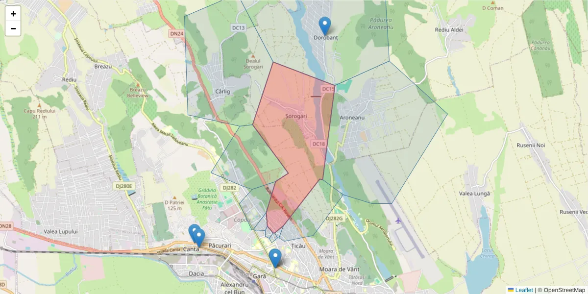 Hartă a codului poștal  și a codurilor poștale învecinate