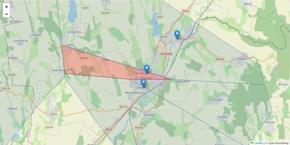 Hartă a codului poștal  și a codurilor poștale învecinate