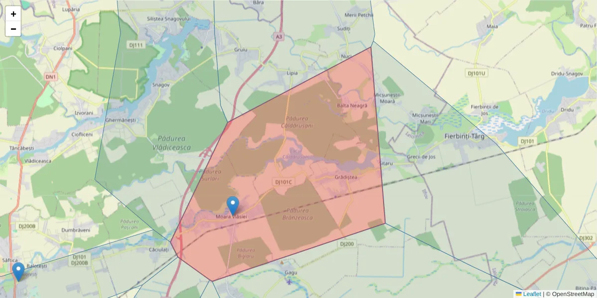 Hartă a codului poștal  și a codurilor poștale învecinate