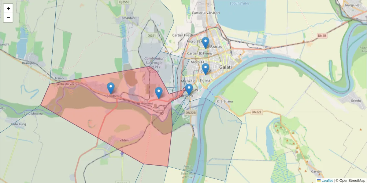 Hartă a codului poștal  și a codurilor poștale învecinate