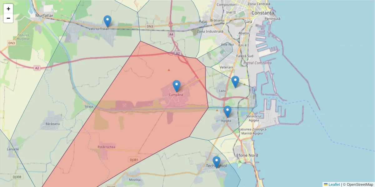 Hartă a codului poștal  și a codurilor poștale învecinate