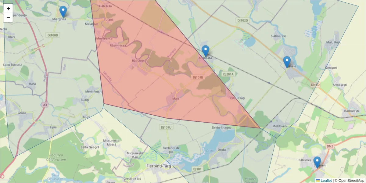 Hartă a codului poștal  și a codurilor poștale învecinate