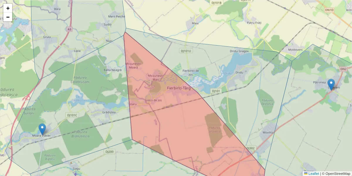 Hartă a codului poștal  și a codurilor poștale învecinate