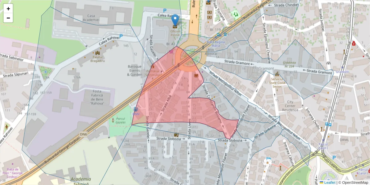 Hartă a codului poștal  și a codurilor poștale învecinate
