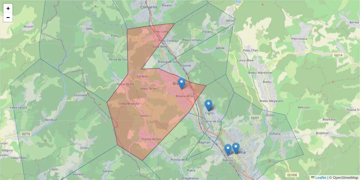 Hartă a codului poștal  și a codurilor poștale învecinate