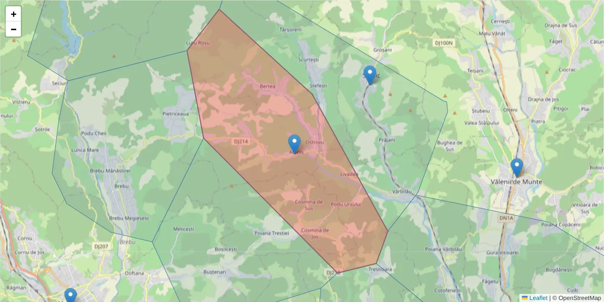 Hartă a codului poștal  și a codurilor poștale învecinate