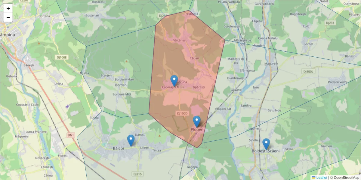 Hartă a codului poștal  și a codurilor poștale învecinate