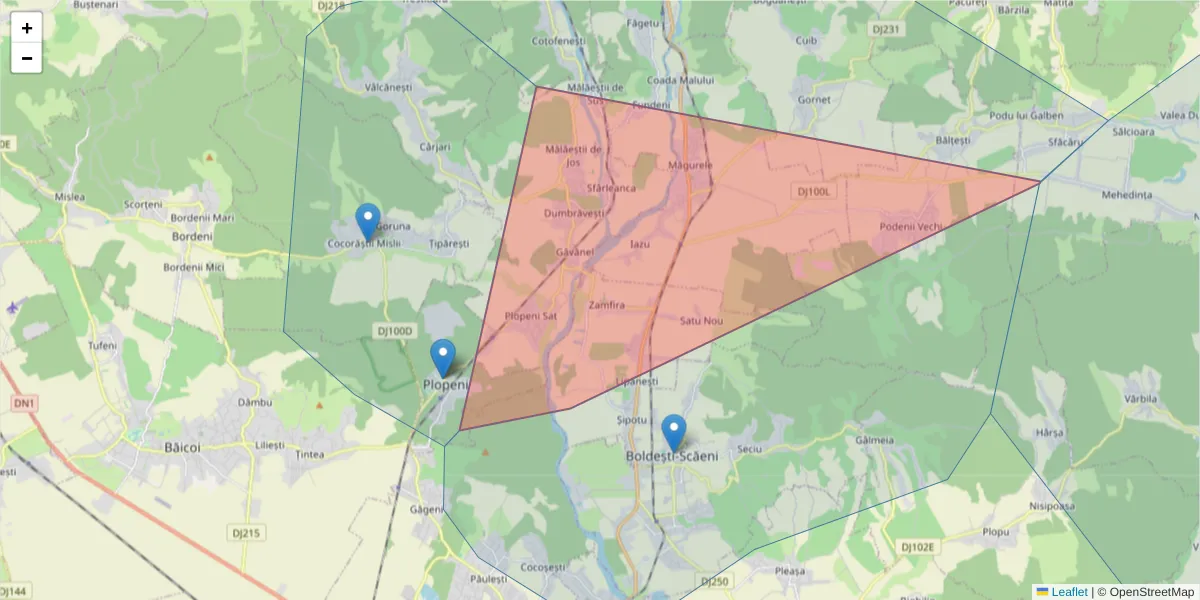 Hartă a codului poștal  și a codurilor poștale învecinate