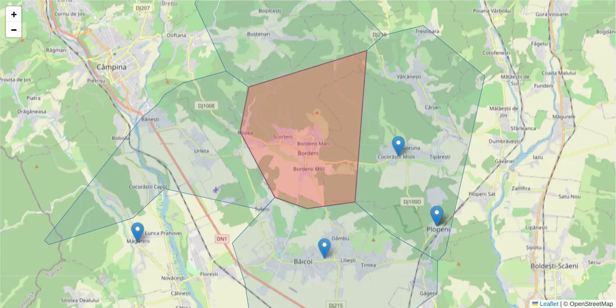 Hartă a codului poștal  și a codurilor poștale învecinate