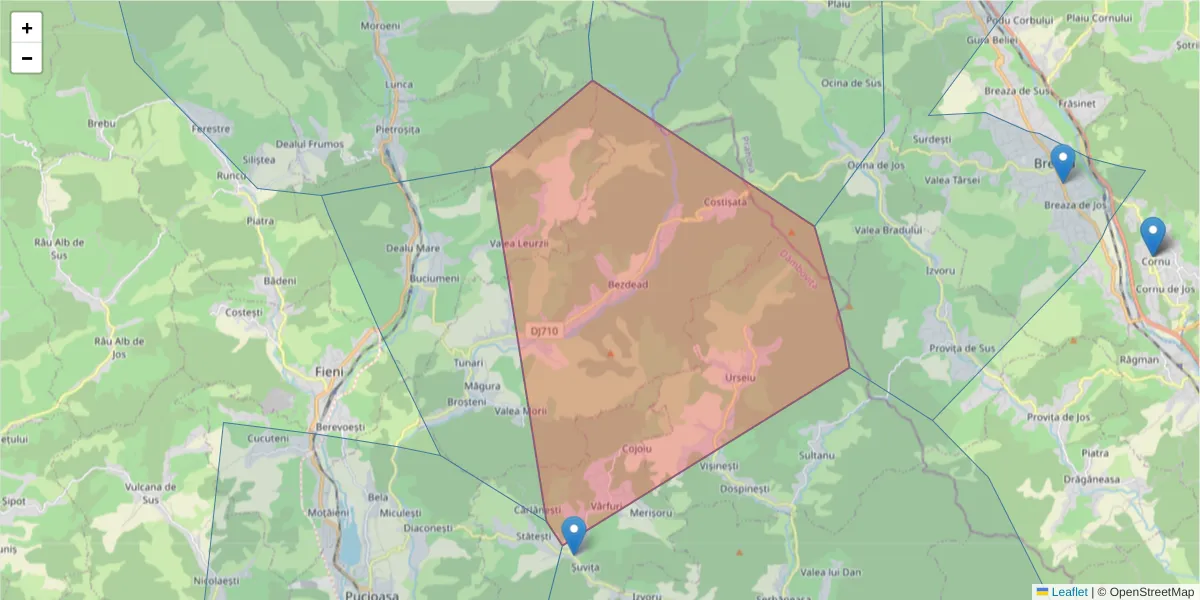 Hartă a codului poștal  și a codurilor poștale învecinate