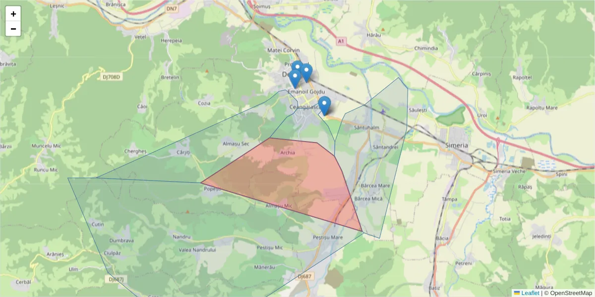 Hartă a codului poștal  și a codurilor poștale învecinate