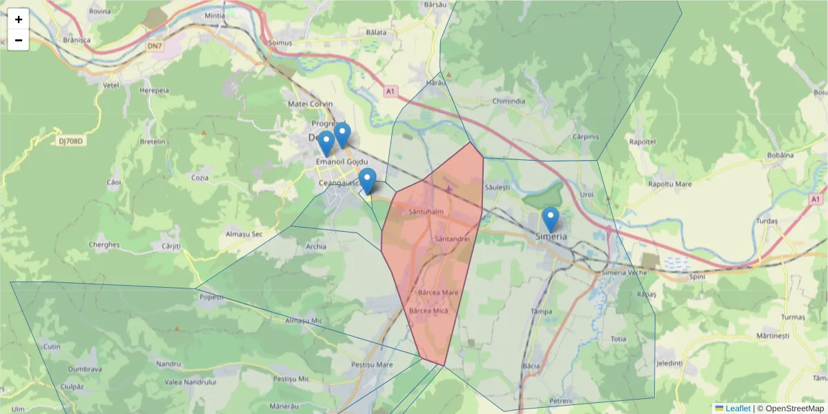 Hartă a codului poștal  și a codurilor poștale învecinate