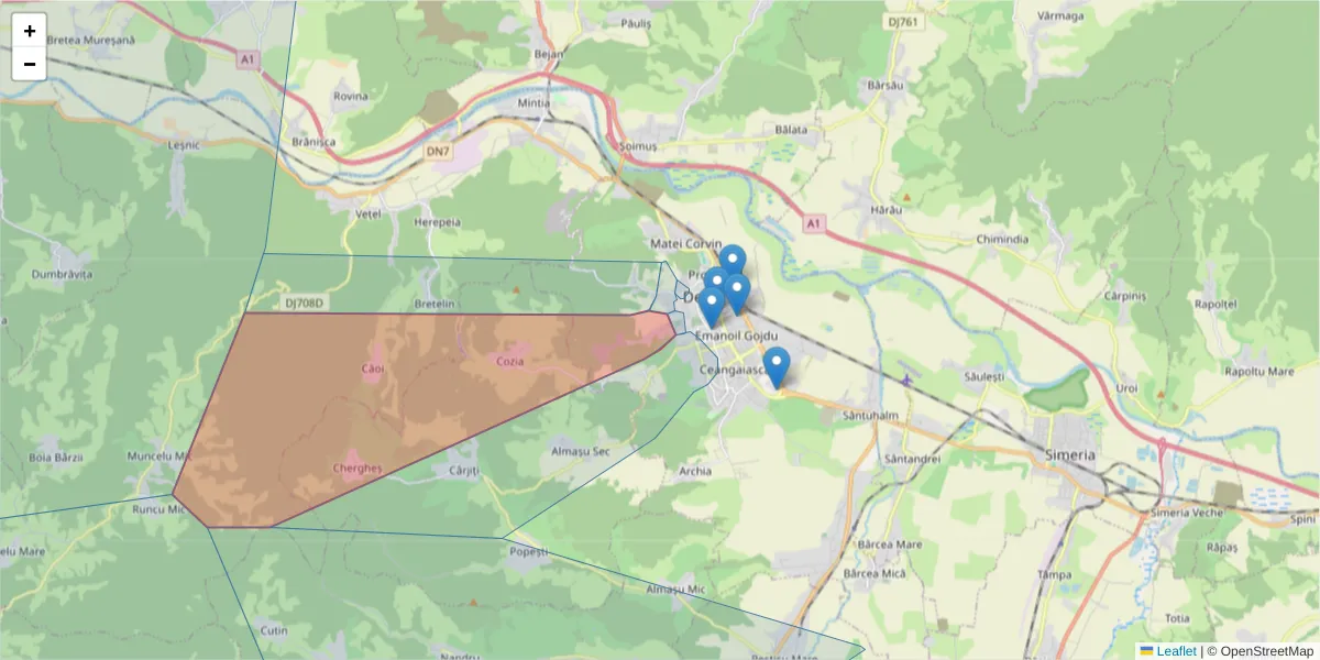 Hartă a codului poștal  și a codurilor poștale învecinate