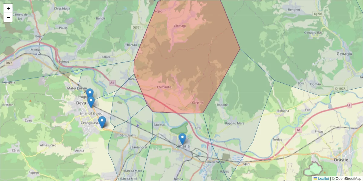 Hartă a codului poștal  și a codurilor poștale învecinate