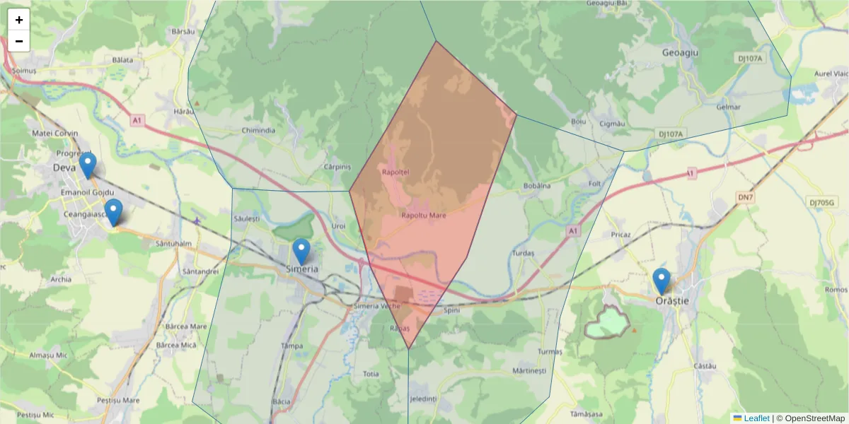 Hartă a codului poștal  și a codurilor poștale învecinate