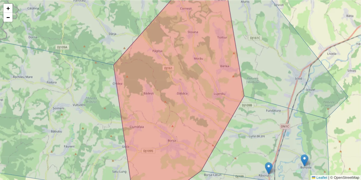 Hartă a codului poștal  și a codurilor poștale învecinate