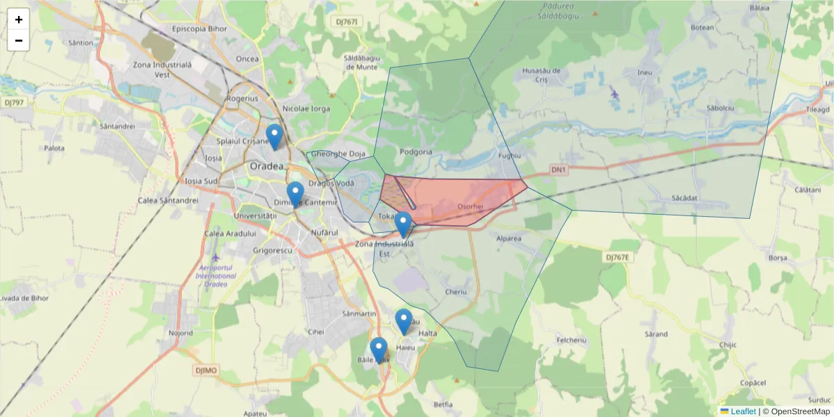 Hartă a codului poștal  și a codurilor poștale învecinate