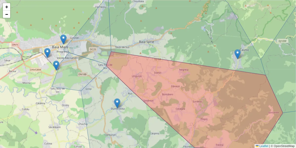 Hartă a codului poștal  și a codurilor poștale învecinate