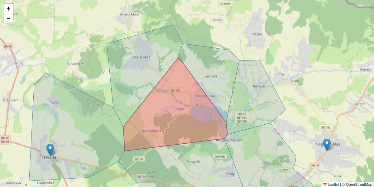 Hartă a codului poștal  și a codurilor poștale învecinate