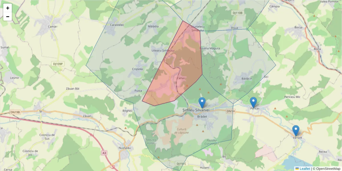 Hartă a codului poștal  și a codurilor poștale învecinate
