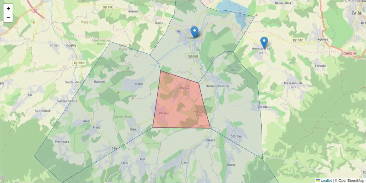 Hartă a codului poștal  și a codurilor poștale învecinate