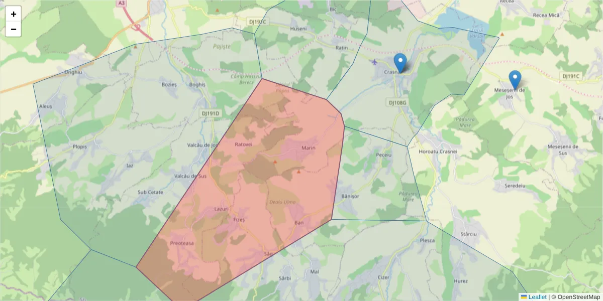 Hartă a codului poștal  și a codurilor poștale învecinate