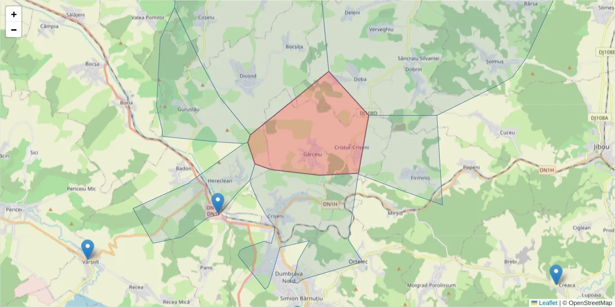 Hartă a codului poștal  și a codurilor poștale învecinate