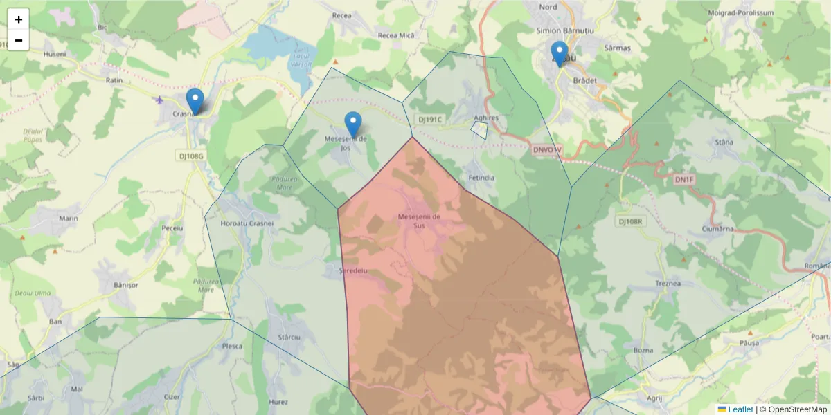 Hartă a codului poștal  și a codurilor poștale învecinate