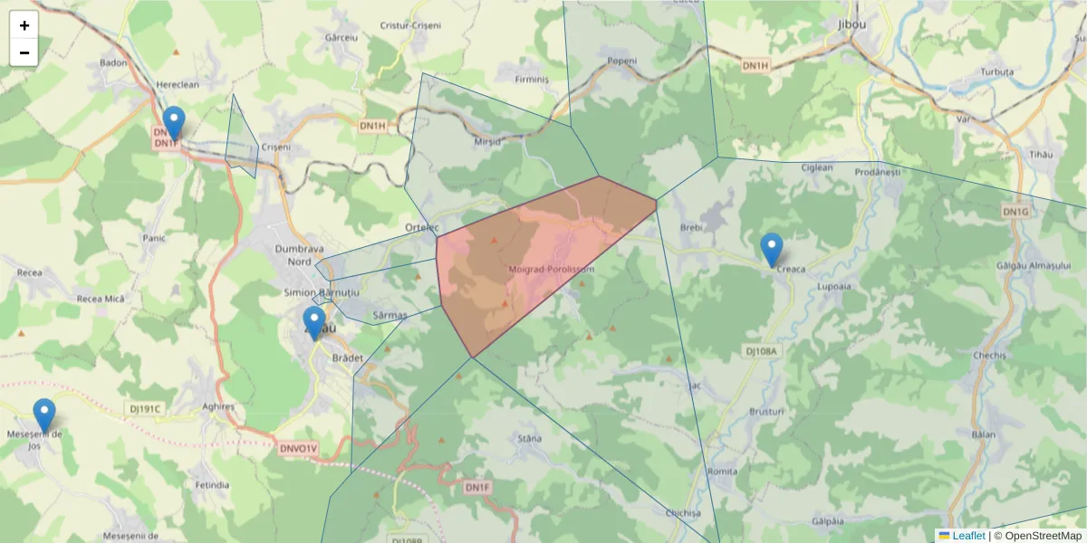 Hartă a codului poștal  și a codurilor poștale învecinate