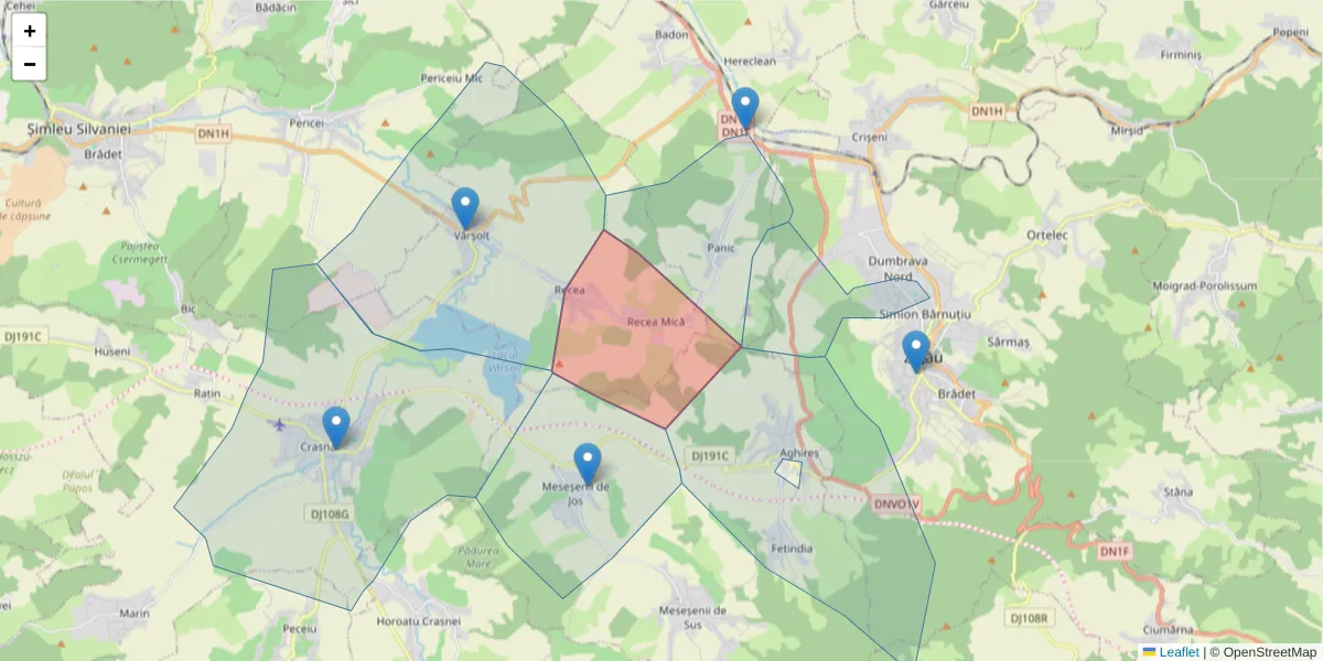 Hartă a codului poștal  și a codurilor poștale învecinate